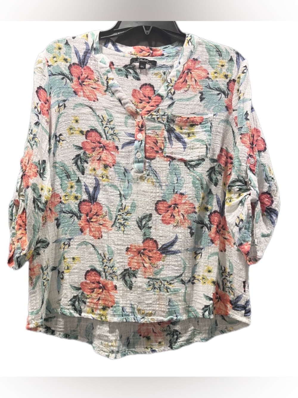 CHARLIE B Floral Cotton Gauze Blouse Artiste Print Large Coastal Boho Roll Tab
